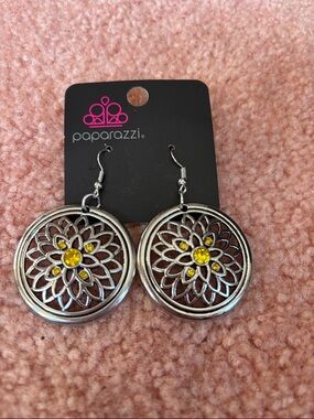 Paparazzi Silver Floral Filigree Earrings with Yellow Gems